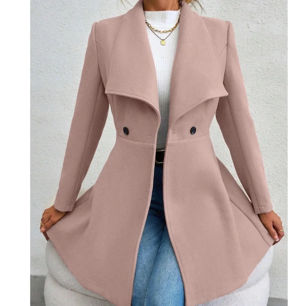 Classic Wide Collar Flare Hem Button Oversized Pea Coat - Picture 8 of 13